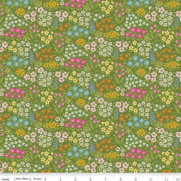 Image of Little Darlin' Floral Fields Green quilting cotton fabric by the RBD Designers for Riley Blake Designs. Features flowers on a green background. Cute Little Fabric Shop