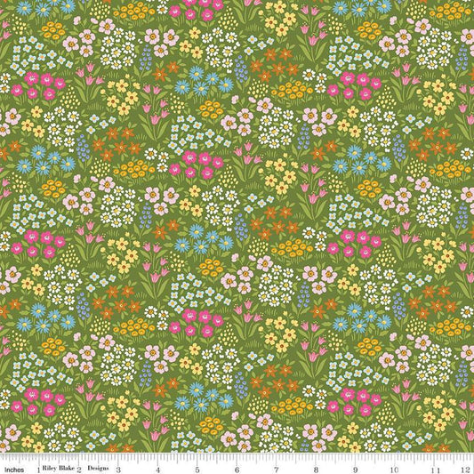 Image of Little Darlin' Floral Fields Green quilting cotton fabric by the RBD Designers for Riley Blake Designs. Features flowers on a green background. Cute Little Fabric Shop