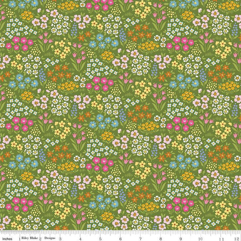 Image of Little Darlin&#39; Floral Fields Green quilting cotton fabric by the RBD Designers for Riley Blake Designs. Features flowers on a green background. Cute Little Fabric Shop