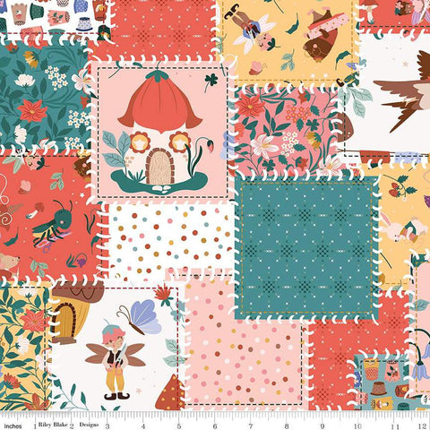 Image of Thimbelina & The Sewing Fairies Handsewn Patchwork quilting cotton fabric by Jennifer Long for Riley Blake Designs. Features patchwork on a mutlicolored background. Cute Little Fabric Shop