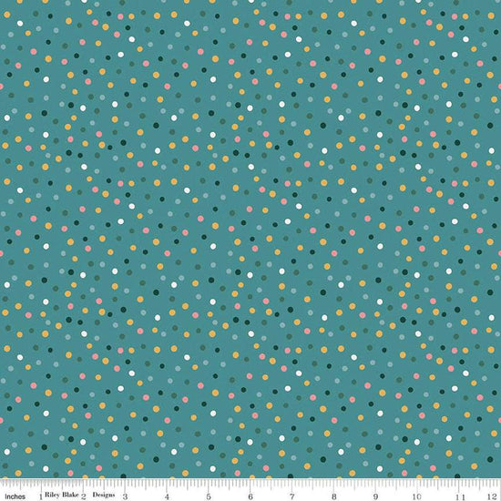 Image of Thimbelina & The Sewing Fairies Dotty Rain quilting cotton fabric by Jennifer Long for Riley Blake Designs. Features dots on a blue background. Cute Little Fabric Shop