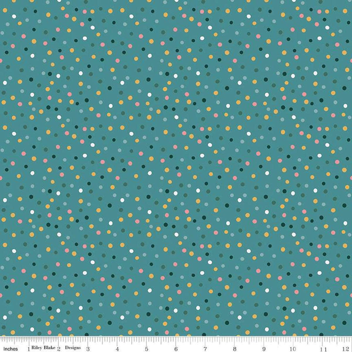 Image of Thimbelina & The Sewing Fairies Dotty Rain quilting cotton fabric by Jennifer Long for Riley Blake Designs. Features dots on a blue background. Cute Little Fabric Shop