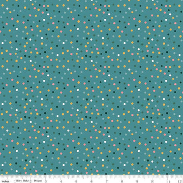 Image of Thimbelina & The Sewing Fairies Dotty Rain quilting cotton fabric by Jennifer Long for Riley Blake Designs. Features dots on a blue background. Cute Little Fabric Shop