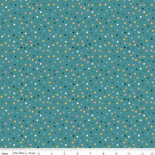 Image of Thimbelina & The Sewing Fairies Dotty Rain quilting cotton fabric by Jennifer Long for Riley Blake Designs. Features dots on a blue background. Cute Little Fabric Shop