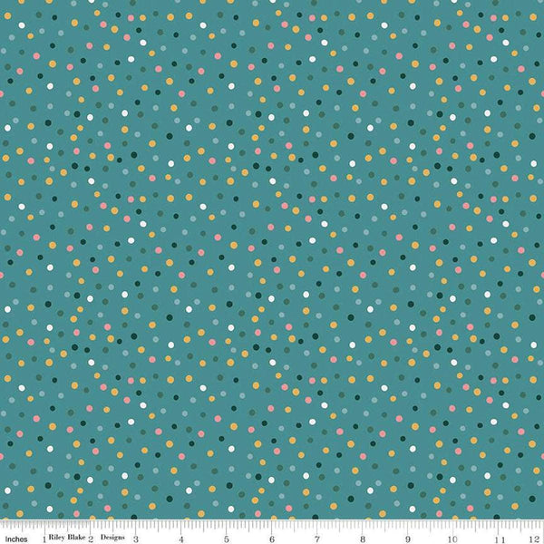 Image of Thimbelina & The Sewing Fairies Dotty Rain quilting cotton fabric by Jennifer Long for Riley Blake Designs. Features dots on a blue background. Cute Little Fabric Shop