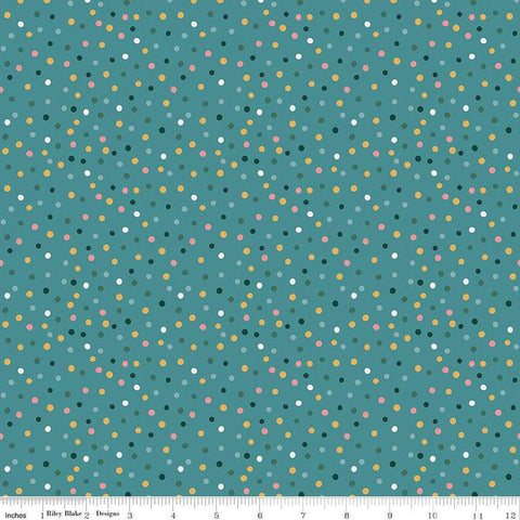 Image of Thimbelina & The Sewing Fairies Dotty Rain quilting cotton fabric by Jennifer Long for Riley Blake Designs. Features dots on a blue background. Cute Little Fabric Shop