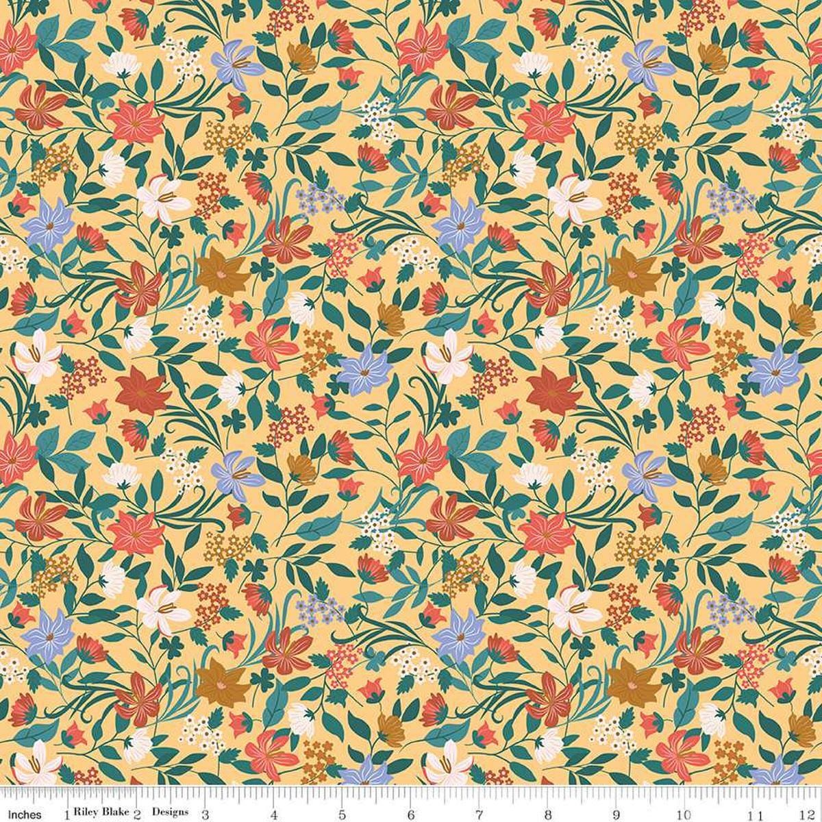 Image of Thimbelina & The Sewing Fairies Garden Honey quilting cotton fabric by Jennifer Long for Riley Blake Designs. Features flowers on a yellow background. Cute Little Fabric Shop