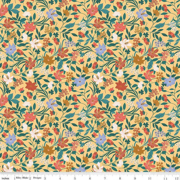 Image of Thimbelina & The Sewing Fairies Garden Honey quilting cotton fabric by Jennifer Long for Riley Blake Designs. Features flowers on a yellow background. Cute Little Fabric Shop