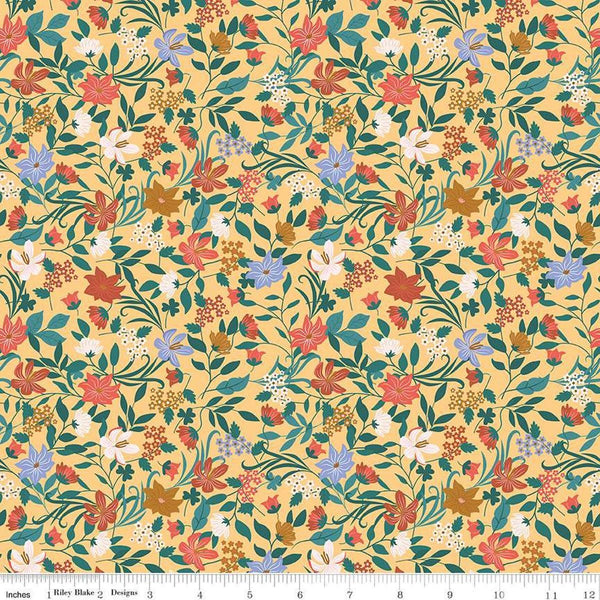 Image of Thimbelina & The Sewing Fairies Garden Honey quilting cotton fabric by Jennifer Long for Riley Blake Designs. Features flowers on a yellow background. Cute Little Fabric Shop