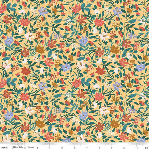 Image of Thimbelina & The Sewing Fairies Garden Honey quilting cotton fabric by Jennifer Long for Riley Blake Designs. Features flowers on a yellow background. Cute Little Fabric Shop