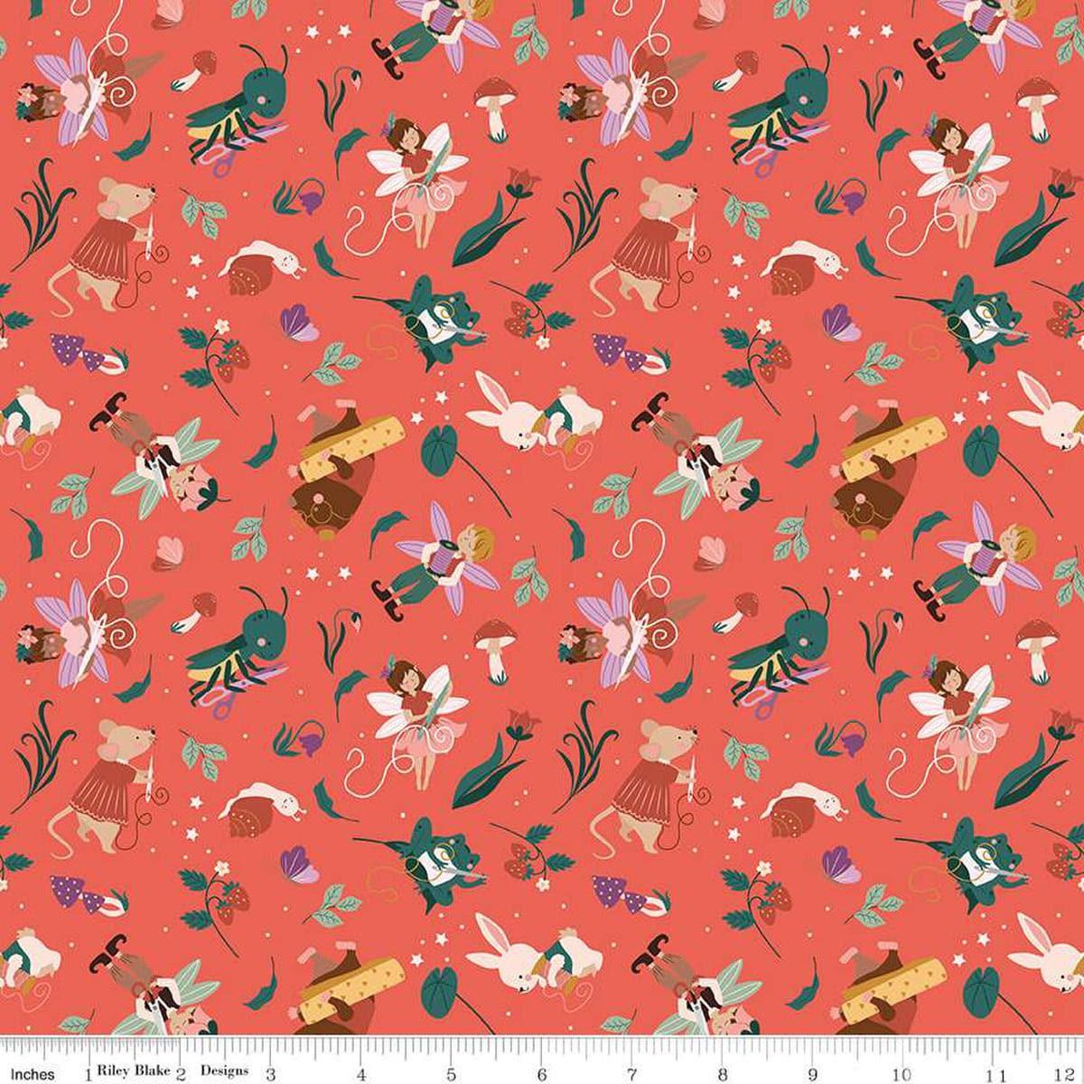 Image of Thimbelina & The Sewing Fairies Sewing Fairies Nectar quilting cotton fabric by Jennifer Long for Riley Blake Designs. Features fairies on an orange background. Cute Little Fabric Shop