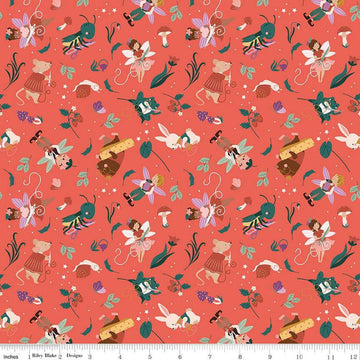 Image of Thimbelina & The Sewing Fairies Sewing Fairies Nectar quilting cotton fabric by Jennifer Long for Riley Blake Designs. Features fairies on an orange background. Cute Little Fabric Shop