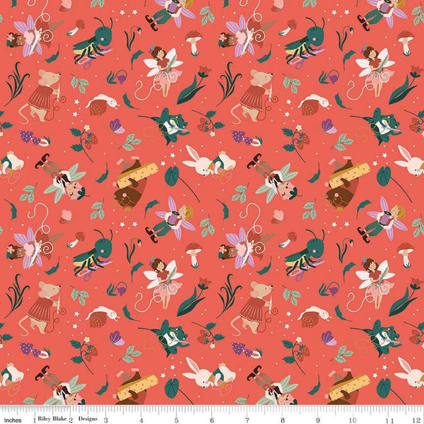 Image of Thimbelina & The Sewing Fairies Sewing Fairies Nectar quilting cotton fabric by Jennifer Long for Riley Blake Designs. Features fairies on an orange background. Cute Little Fabric Shop