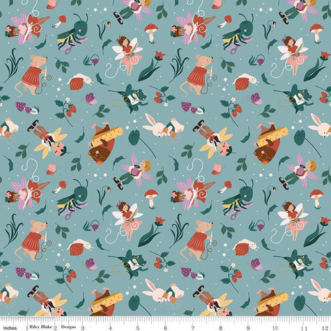 Image of Thimbelina & The Sewing Fairies Sewing Fairies Mist quilting cotton fabric by Jennifer Long for Riley Blake Designs. Features fairies on a blue background. Cute Little Fabric Shop