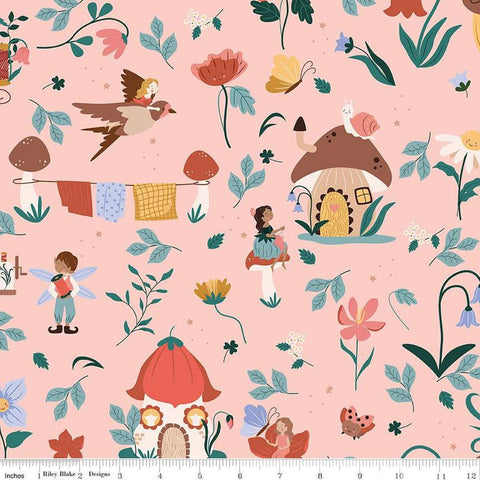 Image of Thimbelina & The Sewing Fairies Main Apricot Mist quilting cotton fabric by Jennifer Long for Riley Blake Designs. Features fairies on a pink background. Cute Little Fabric Shop