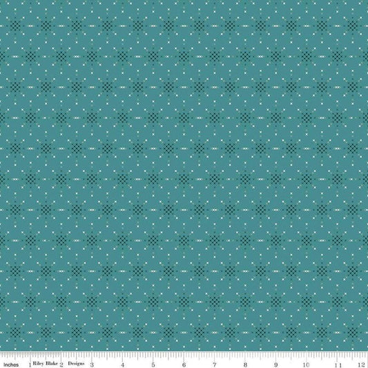 Image of Thimbelina & The Sewing Fairies Fairy Stitching Dust Rain quilting cotton fabric by Jennifer Long for Riley Blake Designs. Features shapes on a blue background. Cute Little Fabric Shop