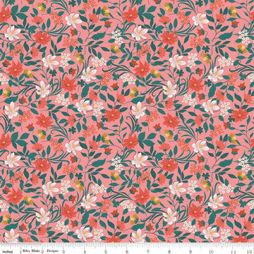 Image of Thimbelina & The Sewing Fairies Garden Coral quilting cotton fabric by Jennifer Long for Riley Blake Designs. Features flowers on a pink background. Cute Little Fabric Shop