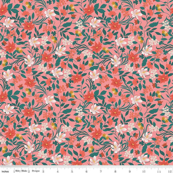 Image of Thimbelina & The Sewing Fairies Garden Coral quilting cotton fabric by Jennifer Long for Riley Blake Designs. Features flowers on a pink background. Cute Little Fabric Shop