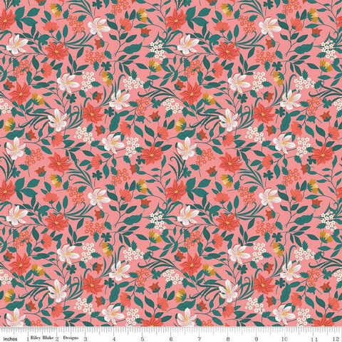 Image of Thimbelina & The Sewing Fairies Garden Coral quilting cotton fabric by Jennifer Long for Riley Blake Designs. Features flowers on a pink background. Cute Little Fabric Shop
