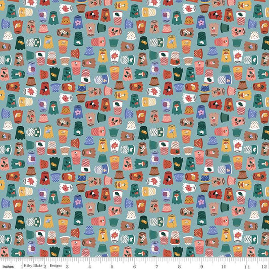 Image of Thimbelina & The Sewing Fairies Thimble Collection Mist quilting cotton fabric by Jennifer Long for Riley Blake Designs. Features thimbles on a blue background. Cute Little Fabric Shop