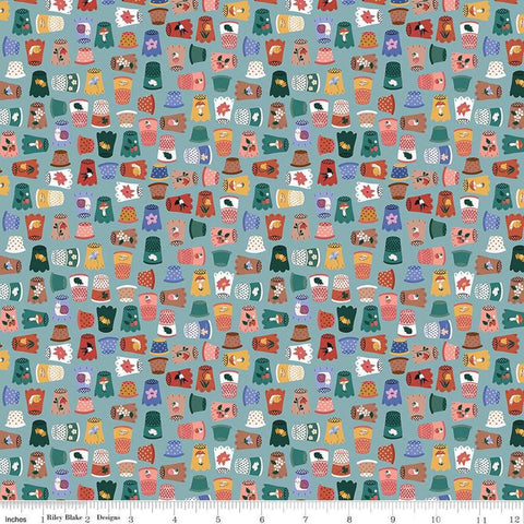 Image of Thimbelina & The Sewing Fairies Thimble Collection Mist quilting cotton fabric by Jennifer Long for Riley Blake Designs. Features thimbles on a blue background. Cute Little Fabric Shop