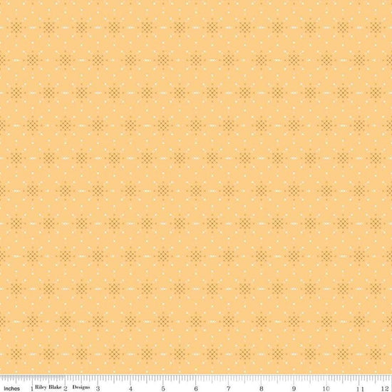 Image of Thimbelina & The Sewing Fairies Fairy Stitching Dust Honey quilting cotton fabric by Jennifer Long for Riley Blake Designs. Features shapes on a yellow background. Cute Little Fabric Shop