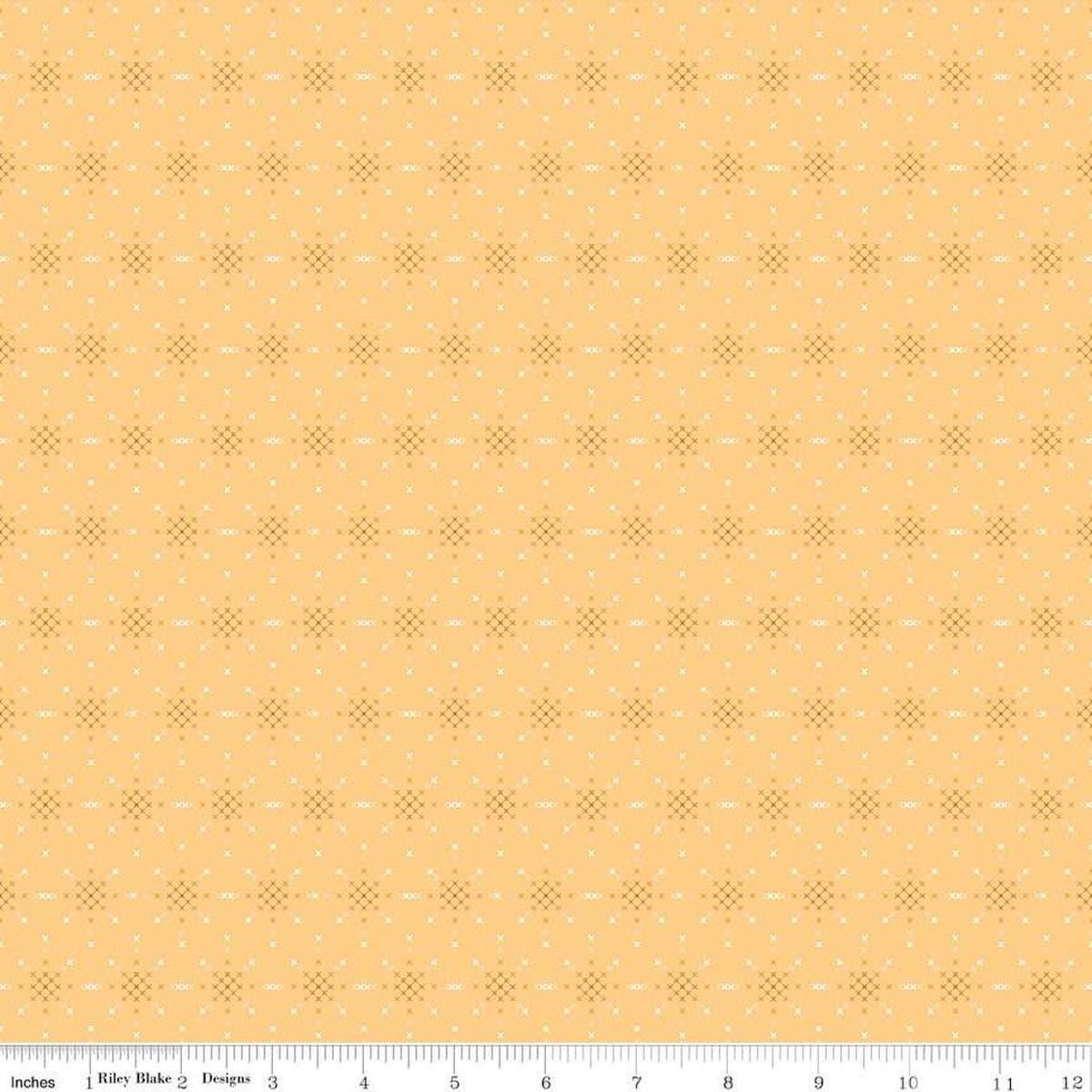 Image of Thimbelina & The Sewing Fairies Fairy Stitching Dust Honey quilting cotton fabric by Jennifer Long for Riley Blake Designs. Features shapes on a yellow background. Cute Little Fabric Shop
