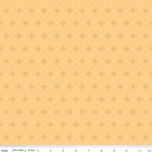 Image of Thimbelina & The Sewing Fairies Fairy Stitching Dust Honey quilting cotton fabric by Jennifer Long for Riley Blake Designs. Features shapes on a yellow background. Cute Little Fabric Shop