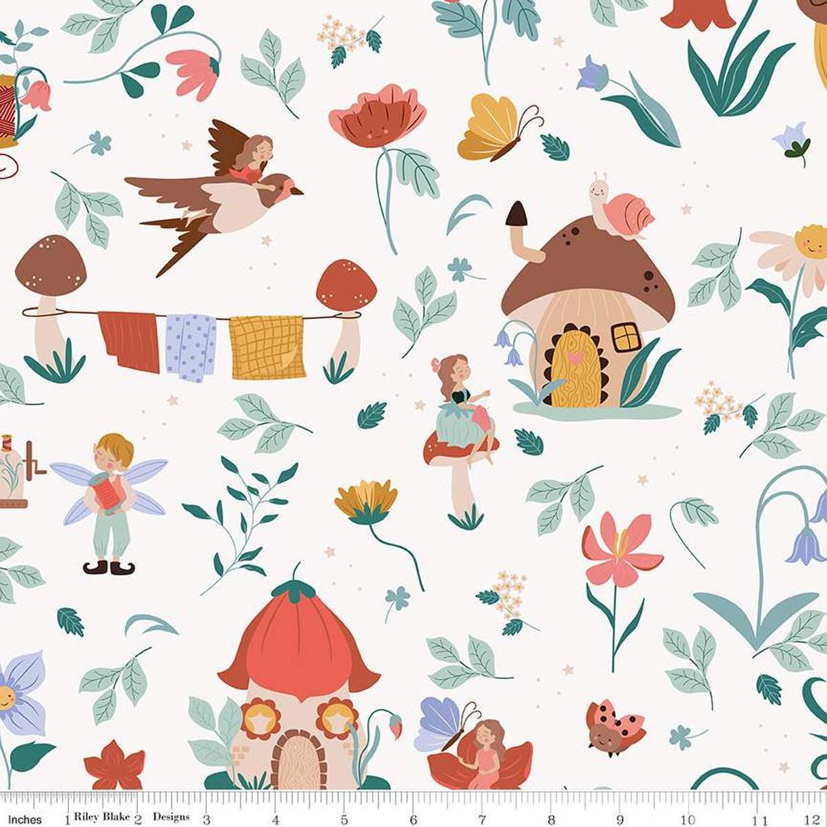 Image of Thimbelina & The Sewing Fairies Main Cloud quilting cotton fabric by Jennifer Long for Riley Blake Designs. Features fairies on a white background. Cute Little Fabric Shop