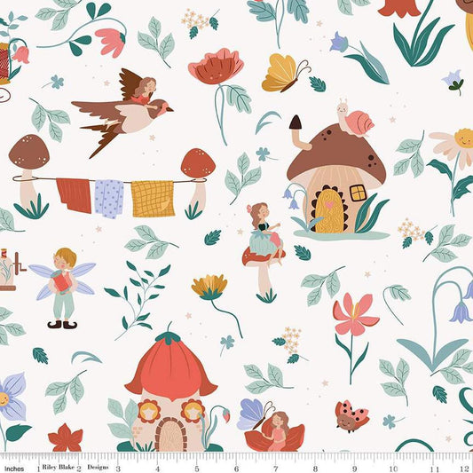 Image of Thimbelina & The Sewing Fairies Main Cloud quilting cotton fabric by Jennifer Long for Riley Blake Designs. Features fairies on a white background. Cute Little Fabric Shop