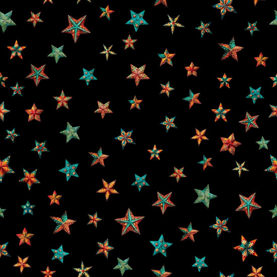 Image of the Santa's Workshop quilting cotton fabric by Morris Creative Group for QT Fabrics. Features multicolored stars on a black bakground. Cute Little Fabric Shop