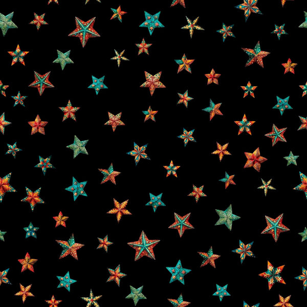 Image of the Santa&#39;s Workshop quilting cotton fabric by Morris Creative Group for QT Fabrics. Features multicolored stars on a black bakground. Cute Little Fabric Shop
