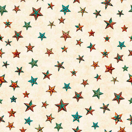 Image of the Santa's Workshop quilting cotton fabric by Morris Creative Group for QT Fabrics. Features multicolored stars on a cream bakground. Cute Little Fabric Shop