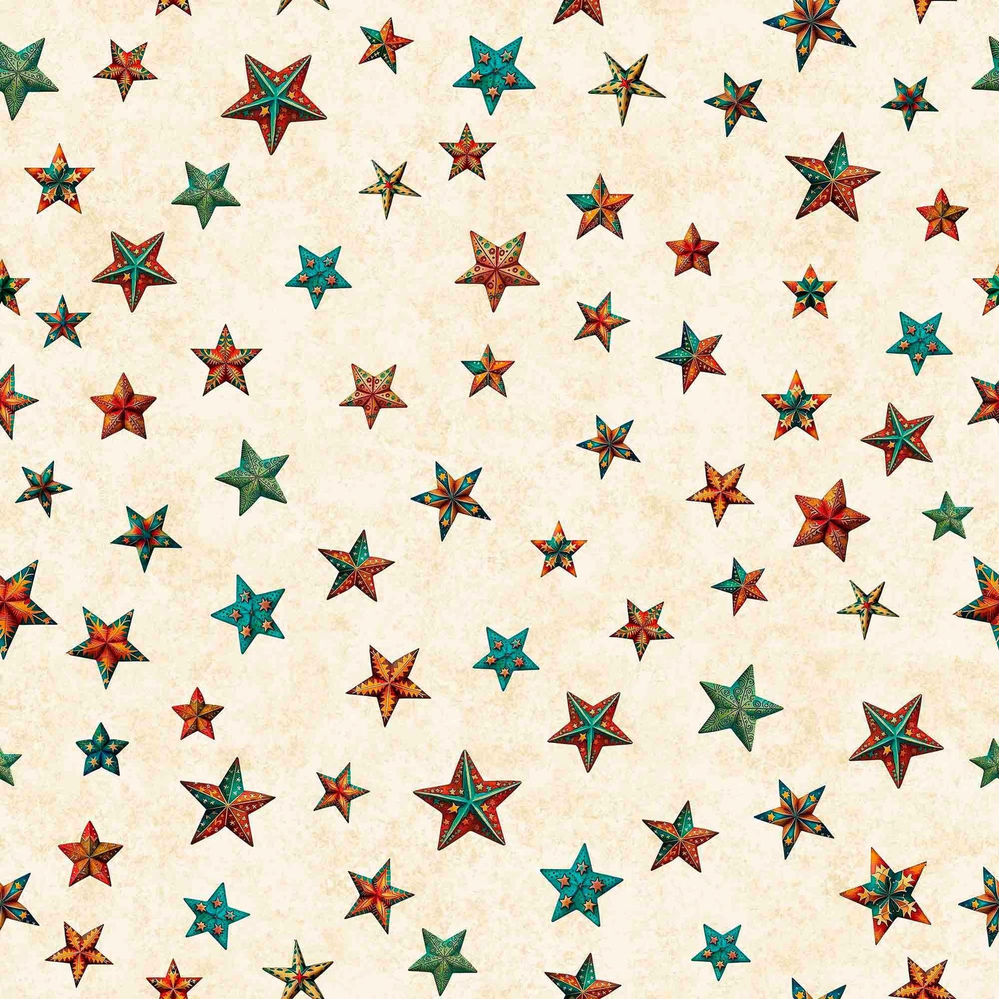 Image of the Santa's Workshop quilting cotton fabric by Morris Creative Group for QT Fabrics. Features multicolored stars on a cream bakground. Cute Little Fabric Shop