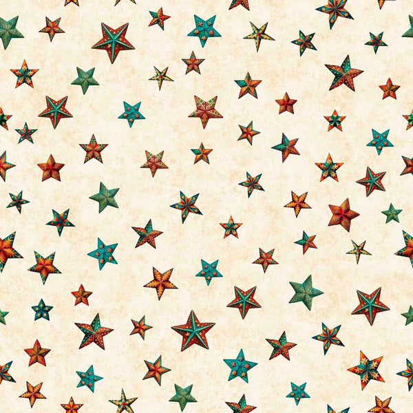Image of the Santa&#39;s Workshop quilting cotton fabric by Morris Creative Group for QT Fabrics. Features multicolored stars on a cream bakground. Cute Little Fabric Shop