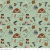 Image of Let's Wander Gone Fishing Sage quilting cotton fabric by Casey Cometti for Riley Blake Designs. Features fishing supplies on a green background. Cute Little Fabric Shop
