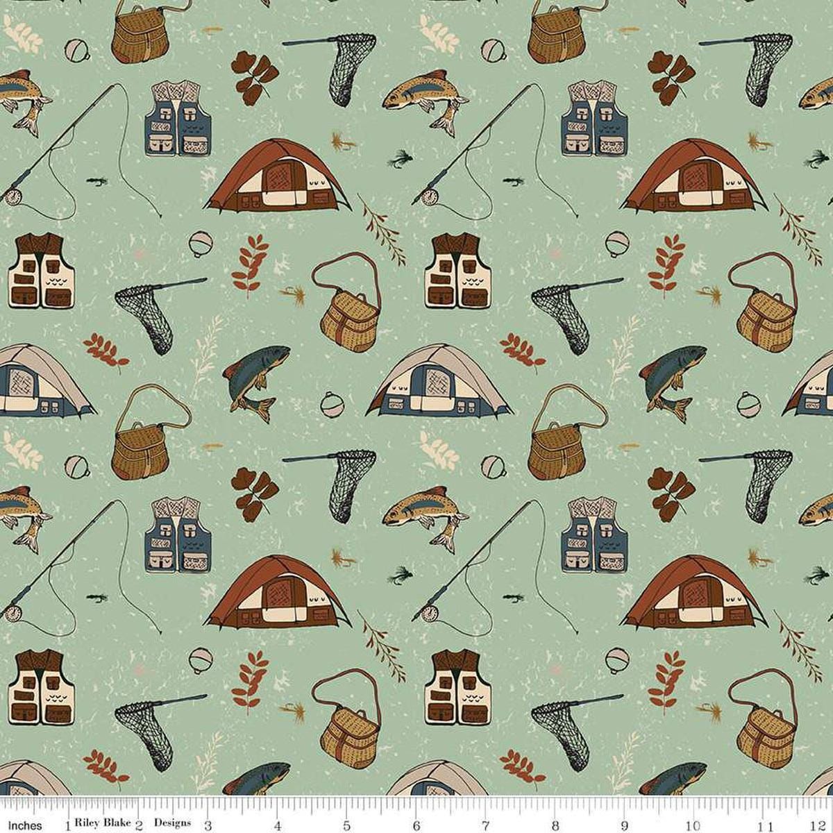 Image of Let's Wander Gone Fishing Sage quilting cotton fabric by Casey Cometti for Riley Blake Designs. Features fishing supplies on a green background. Cute Little Fabric Shop