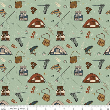 Image of Let's Wander Gone Fishing Sage quilting cotton fabric by Casey Cometti for Riley Blake Designs. Features fishing supplies on a green background. Cute Little Fabric Shop