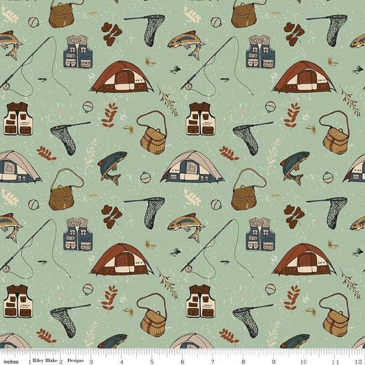 Image of Let's Wander Gone Fishing Sage quilting cotton fabric by Casey Cometti for Riley Blake Designs. Features fishing supplies on a green background. Cute Little Fabric Shop