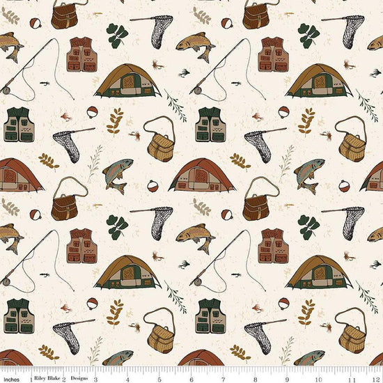 Image of Let's Wander Gone Fishing Cream quilting cotton fabric by Casey Cometti for Riley Blake Designs. Features fishing supplies on a cream background. Cute Little Fabric Shop