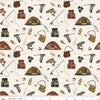 Image of Let's Wander Gone Fishing Cream quilting cotton fabric by Casey Cometti for Riley Blake Designs. Features fishing supplies on a cream background. Cute Little Fabric Shop