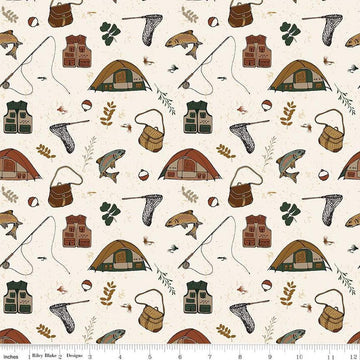 Image of Let's Wander Gone Fishing Cream quilting cotton fabric by Casey Cometti for Riley Blake Designs. Features fishing supplies on a cream background. Cute Little Fabric Shop