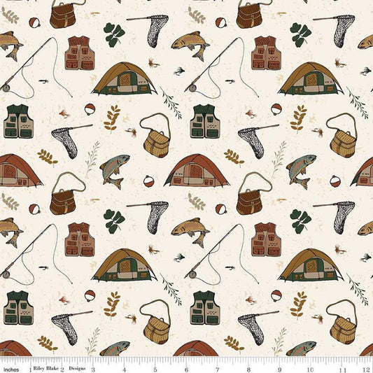 Image of Let's Wander Gone Fishing Cream quilting cotton fabric by Casey Cometti for Riley Blake Designs. Features fishing supplies on a cream background. Cute Little Fabric Shop
