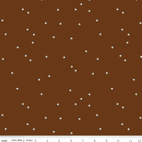 Image of Let&#39;s Wander Bobbers Brown quilting cotton fabric by Casey Cometti for Riley Blake Designs. Features bobbers on a brown background. Cute Little Fabric Shop