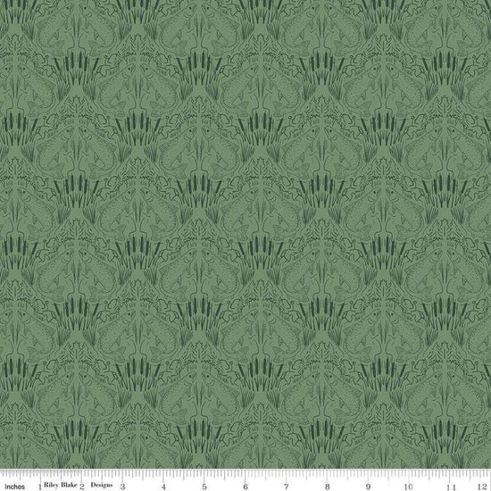 Image of Let's Wander First Catch Sage quilting cotton fabric by Casey Cometti for Riley Blake Designs. Features fish on a green background. Cute Little Fabric Shop