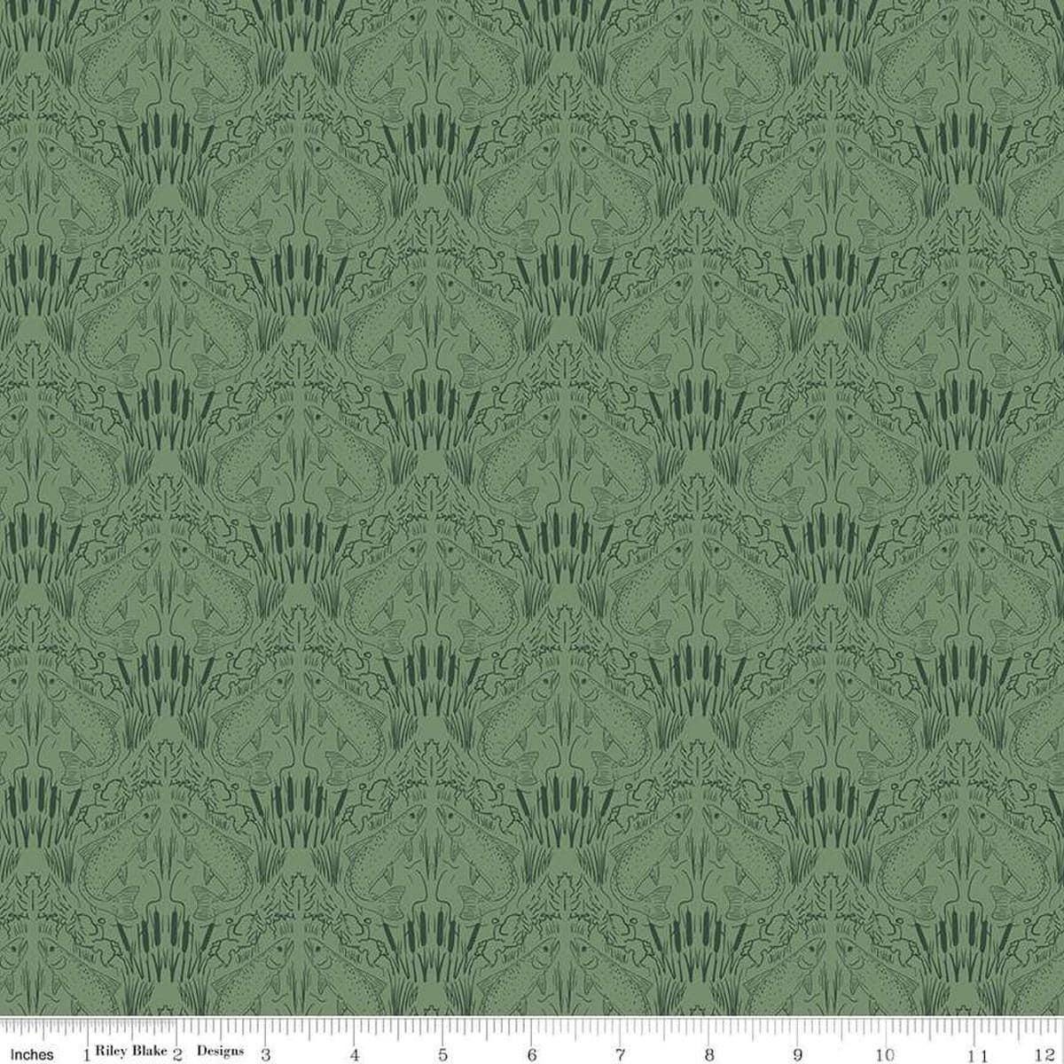 Image of Let's Wander First Catch Sage quilting cotton fabric by Casey Cometti for Riley Blake Designs. Features fish on a green background. Cute Little Fabric Shop