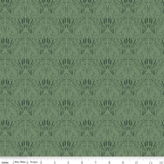 Image of Let's Wander First Catch Sage quilting cotton fabric by Casey Cometti for Riley Blake Designs. Features fish on a green background. Cute Little Fabric Shop