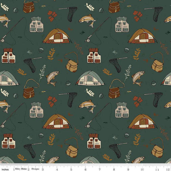 Image of Let's Wander Gone Fishing Forest quilting cotton fabric by Casey Cometti for Riley Blake Designs. Features fishing supplies on a green background. Cute Little Fabric Shop