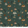 Image of Let's Wander Gone Fishing Forest quilting cotton fabric by Casey Cometti for Riley Blake Designs. Features fishing supplies on a green background. Cute Little Fabric Shop