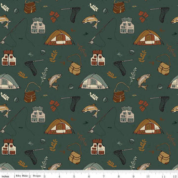Image of Let's Wander Gone Fishing Forest quilting cotton fabric by Casey Cometti for Riley Blake Designs. Features fishing supplies on a green background. Cute Little Fabric Shop